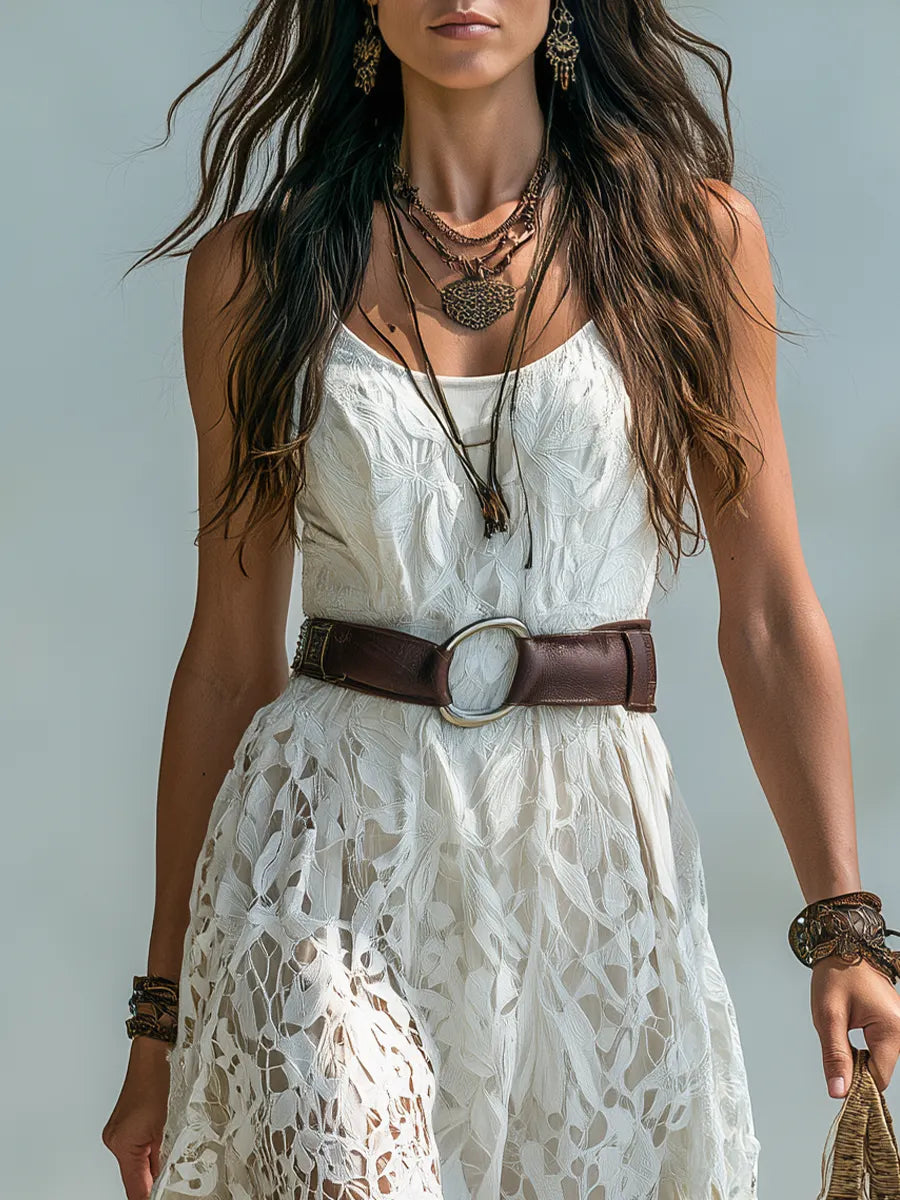 Romantic Ivory Lace Sleeveless Midi Dress