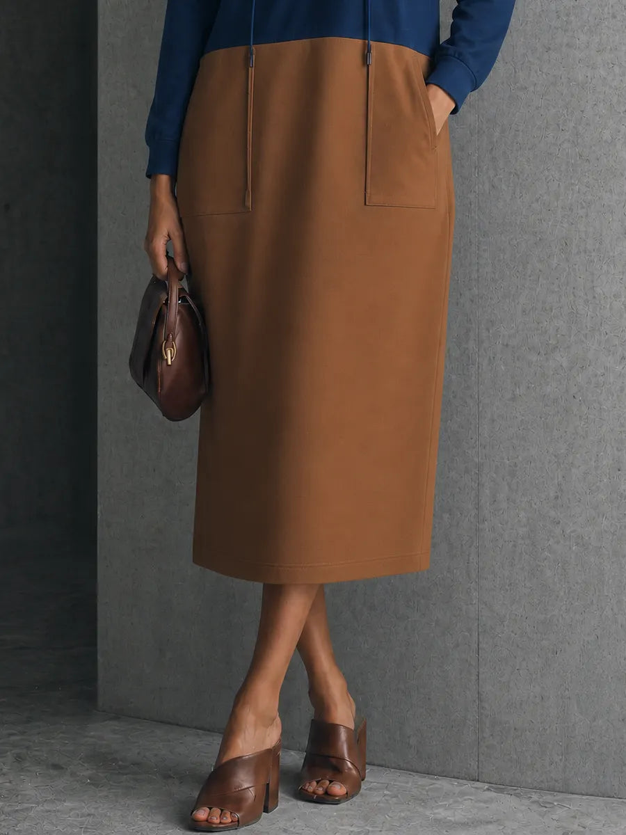 Women's Daily Casual Navy Spliced Caramel Cotton Blend Hooded Patch Pocket Midi Dress MDZ1419G2GMJ