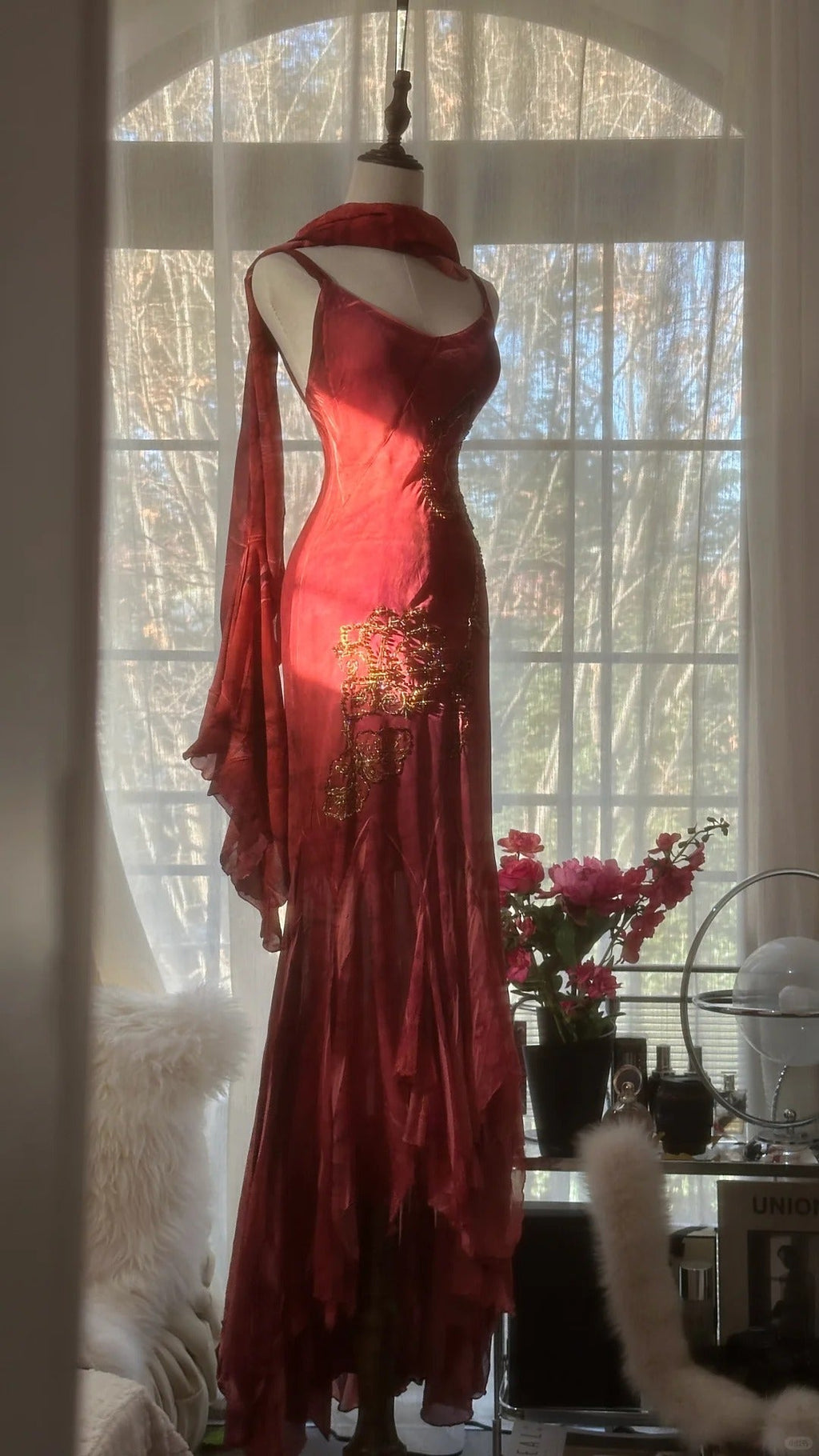 Red Romantic Fashion Elegant Exquisite Lotus Gold Beaded Long Chiffon Fishtail Skirt Mermaid Slim Ball Gown Evening Dress Birthday/Wedding Guest/Holiday Party Dress Prom Dress Valentine's Day Date Dress 4029