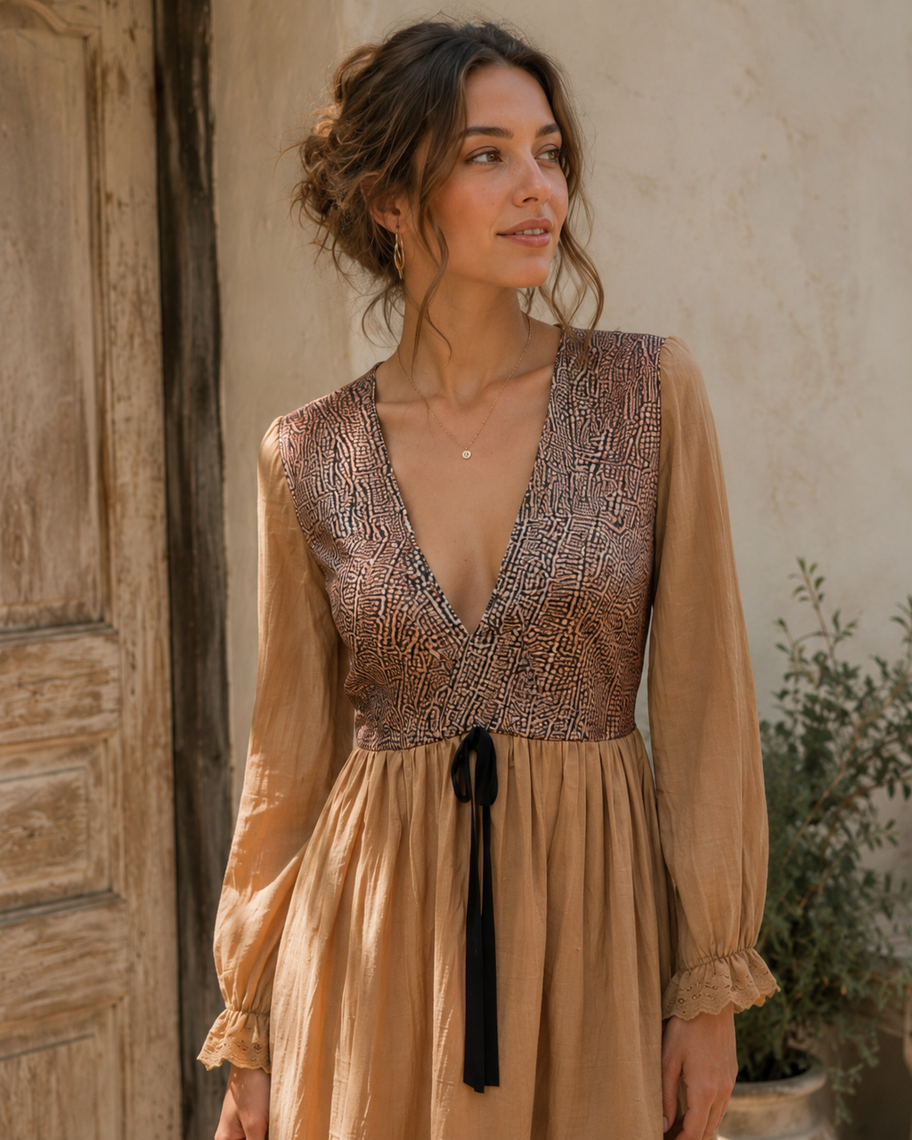 Western Boho V-Neck High-Low Mini Dress with Lace Trim