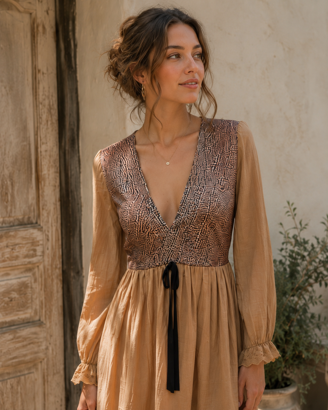 Western Boho V-Neck High-Low Mini Dress with Lace Trim