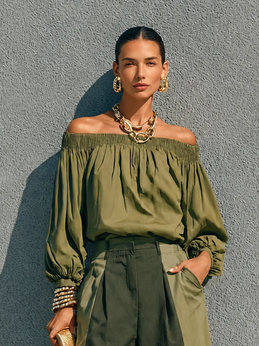 Women's Casual Military Green Cotton Blend Off Shoulder Lantern Sleeve Color Block Wide Leg Trousers Set MDZ0103G1GMJ