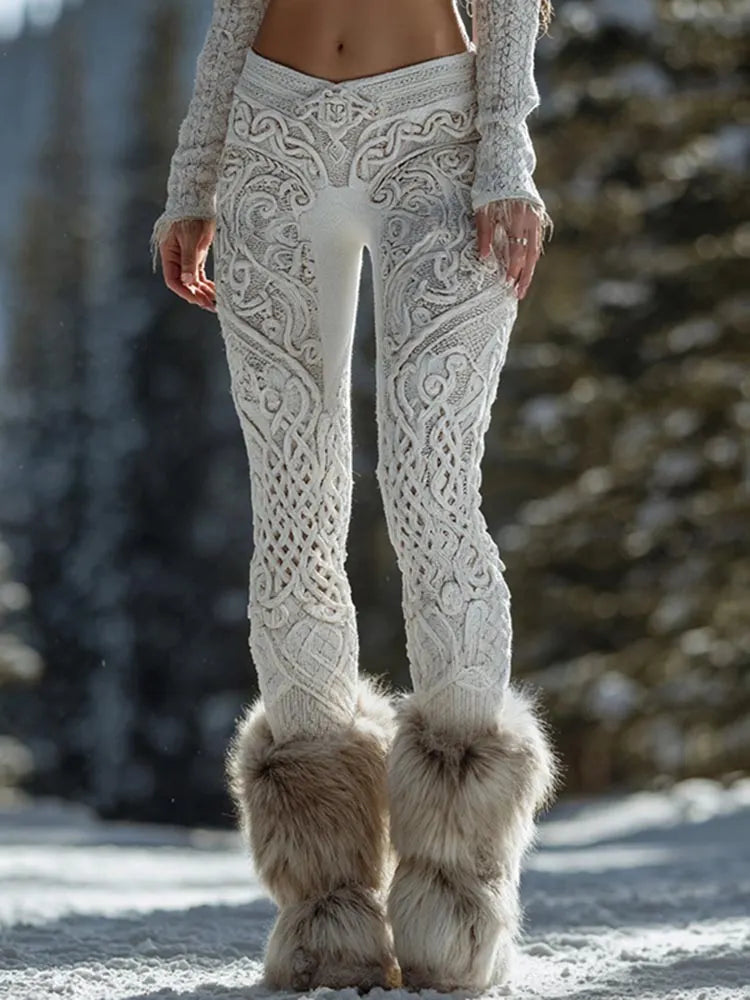 Retro Winter Celtic Knot Jacquard Women's Knit Leggings