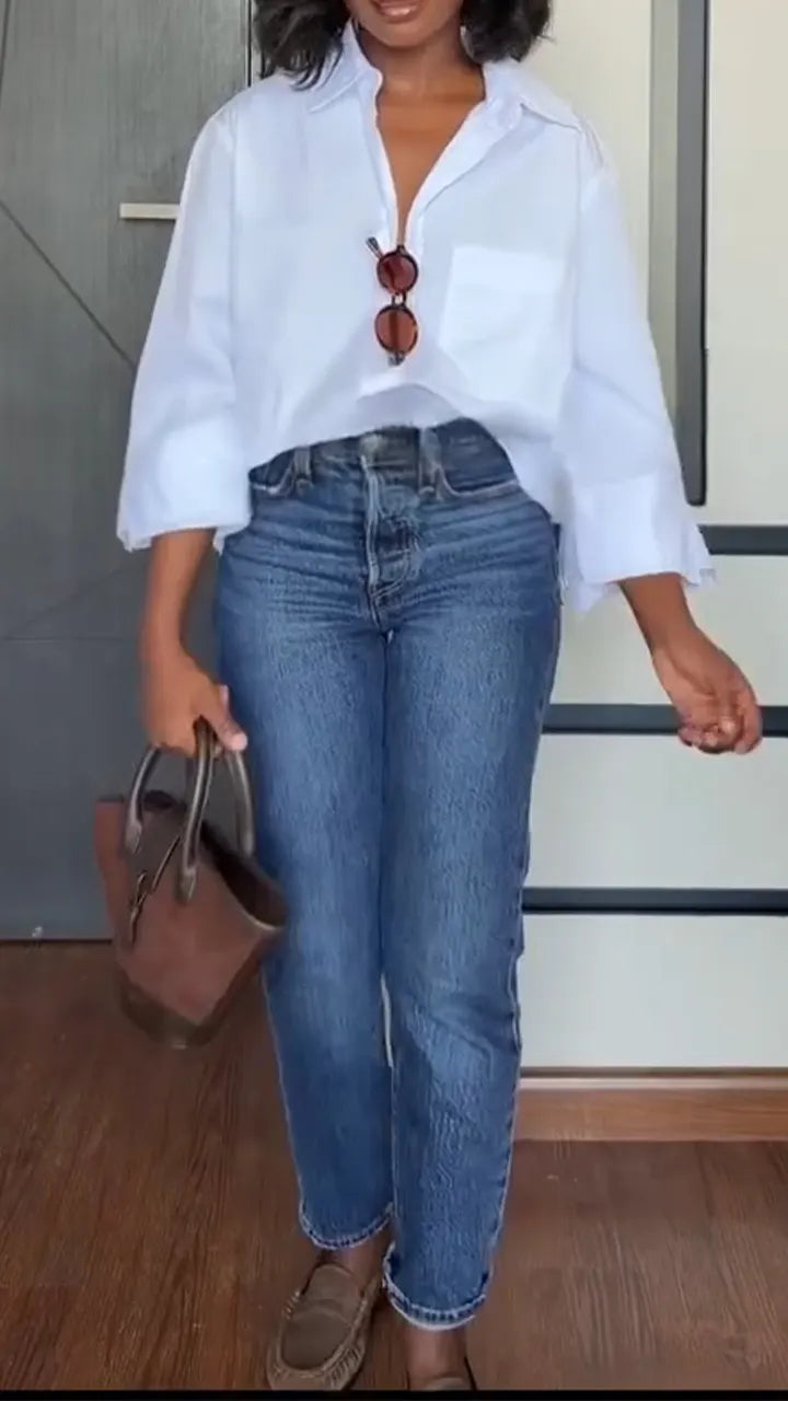 Women Collar Shirt+ Jeans Temperament Casual Outfit