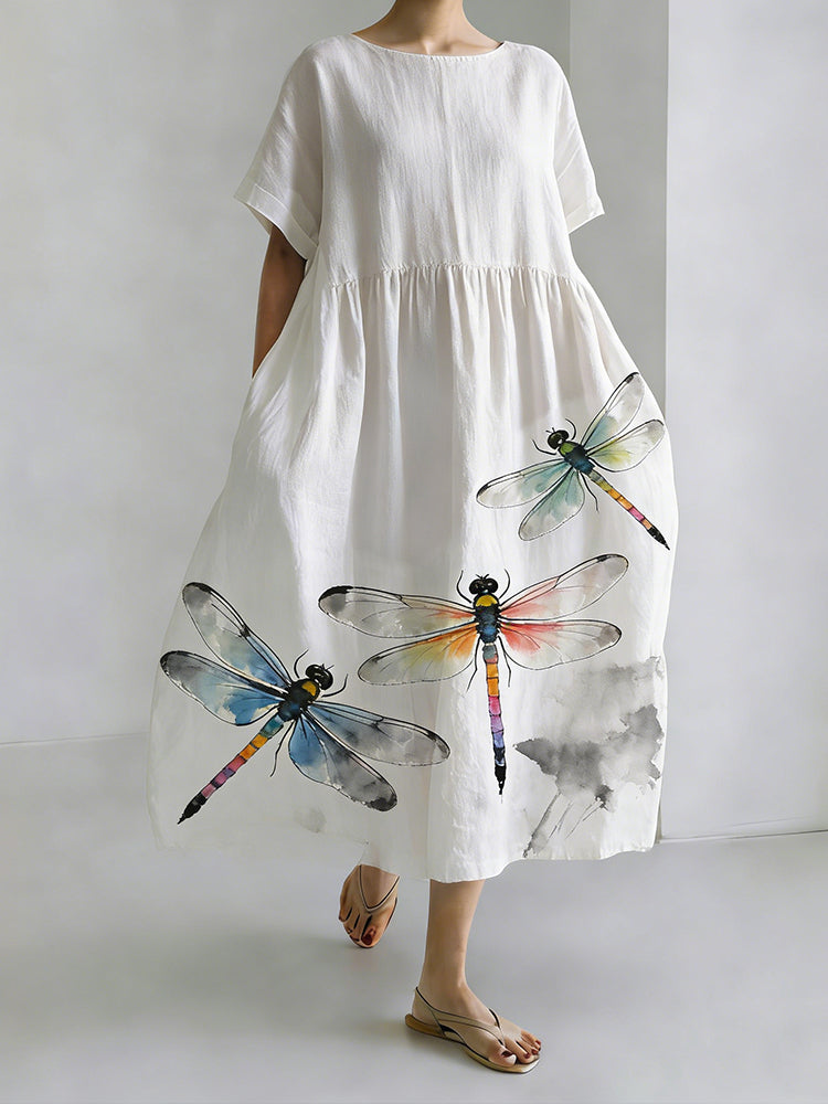 Japanese Art Splash Ink Dragonfly Art Long Sleeve Casual Midi Dress