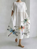 Japanese Art Splash Ink Dragonfly Art Long Sleeve Casual Midi Dress
