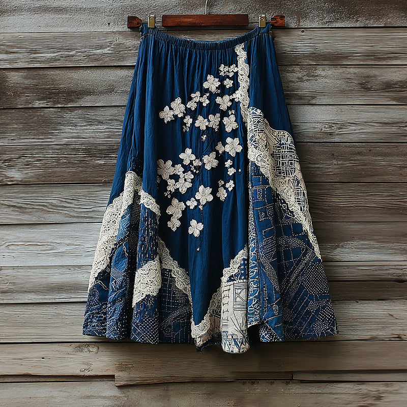 Vintage Japanese Traditional Sashiko With Sakura Art Pattern Linen Blend Casual Skirt