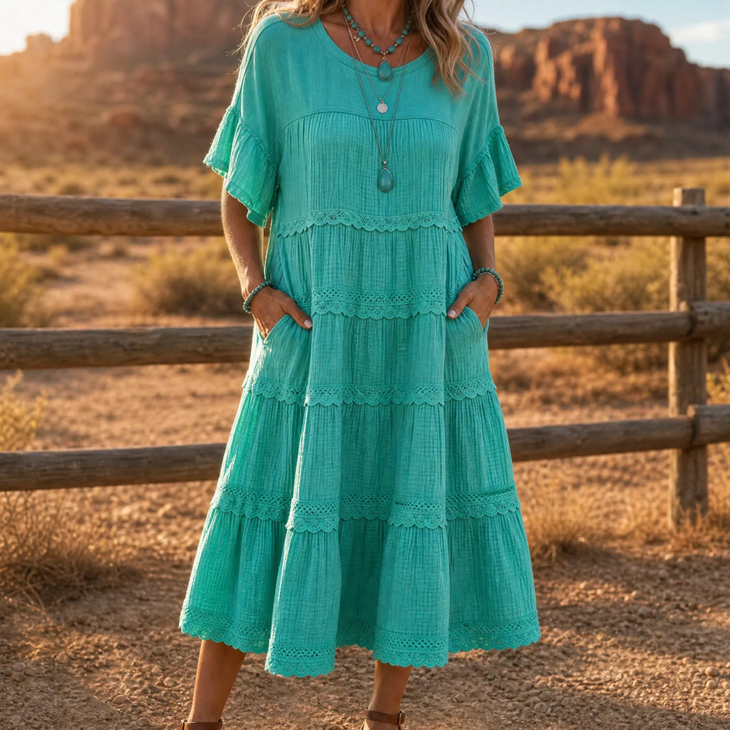 Sundara – Women's Tiered Lace Midi Dress with Hidden Pockets