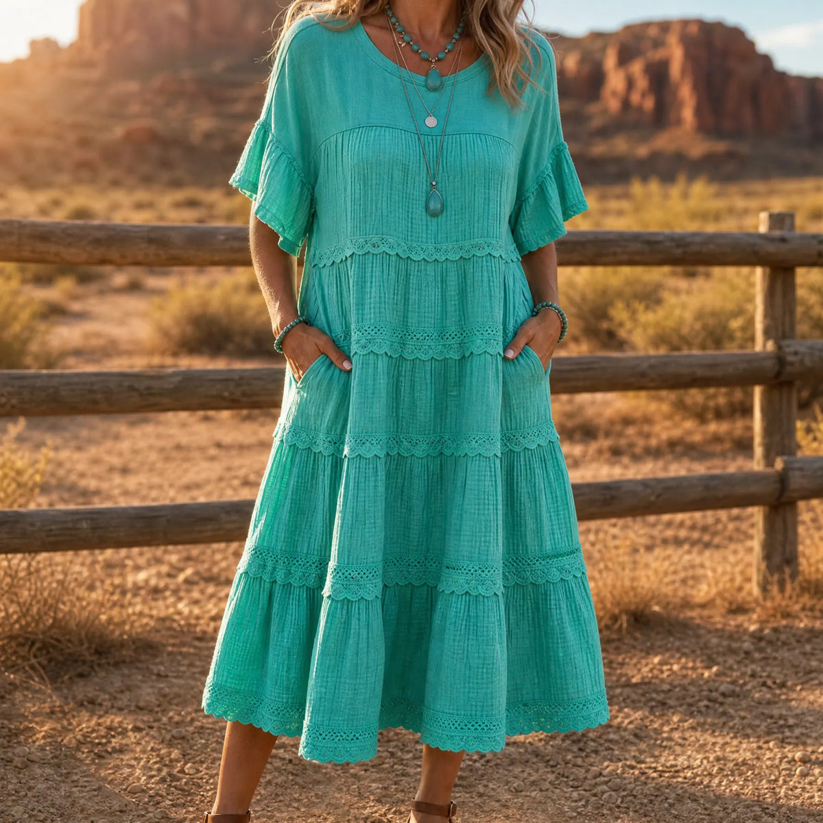 Sundara – Women's Tiered Lace Midi Dress with Hidden Pockets
