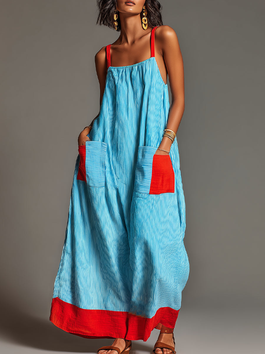 Vacation Striped Color Block Strap Maxi Dress With Pockets