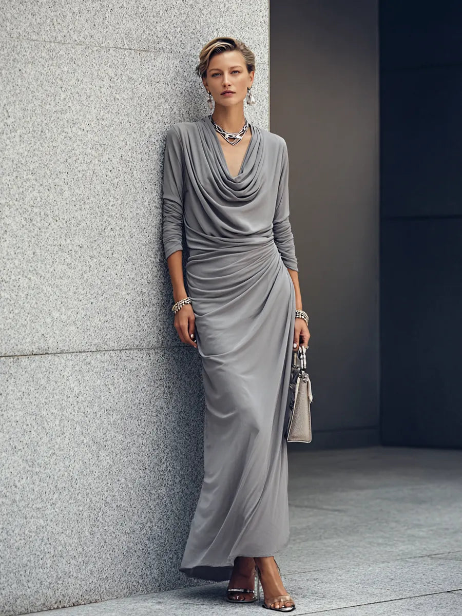 Women's Luxury Workwear Style Mist Grey Cotton Blend Cowl Neck Long Sleeve Side Ruched Maxi Dress MDZ0627G1GMJ