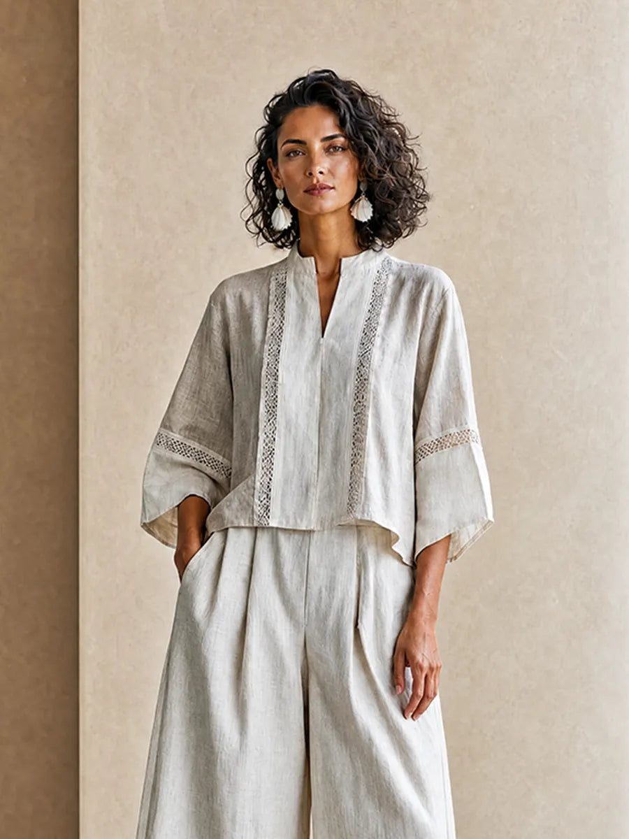 Women's Vacation-Style Cotton-Linen  Patchwork Stand-Collar Cropped Top + High-Waist Wide-Leg Pants MDZ0779G6CMX
