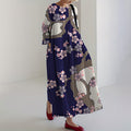 Women's Vintage Japanese Cherry Blossom Print Loose Midi Dress