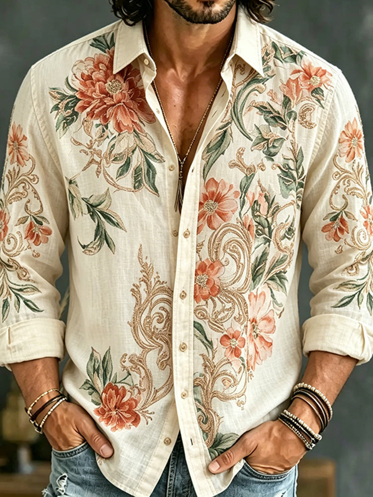 Men's Floral Art Pattern Cotton Linen Casual Shirt