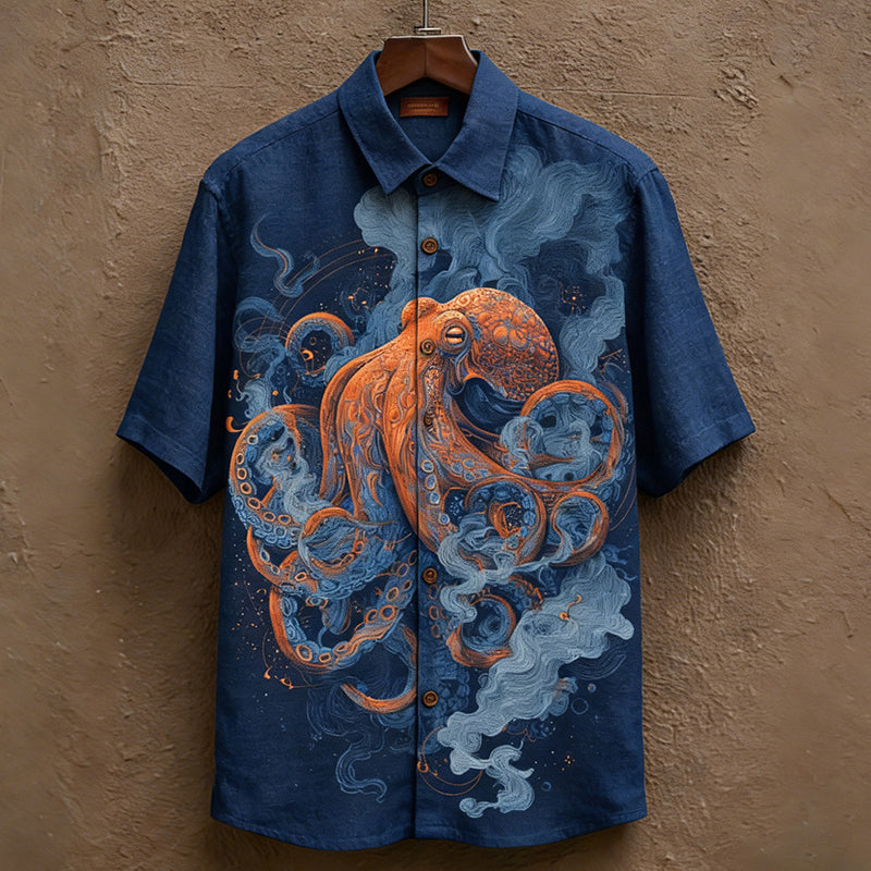 Men's Japanese Art Ocean Octopus Print Short-sleeve Shirt