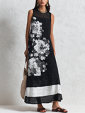 Chic Black Floral Print Sleeveless Midi Dress