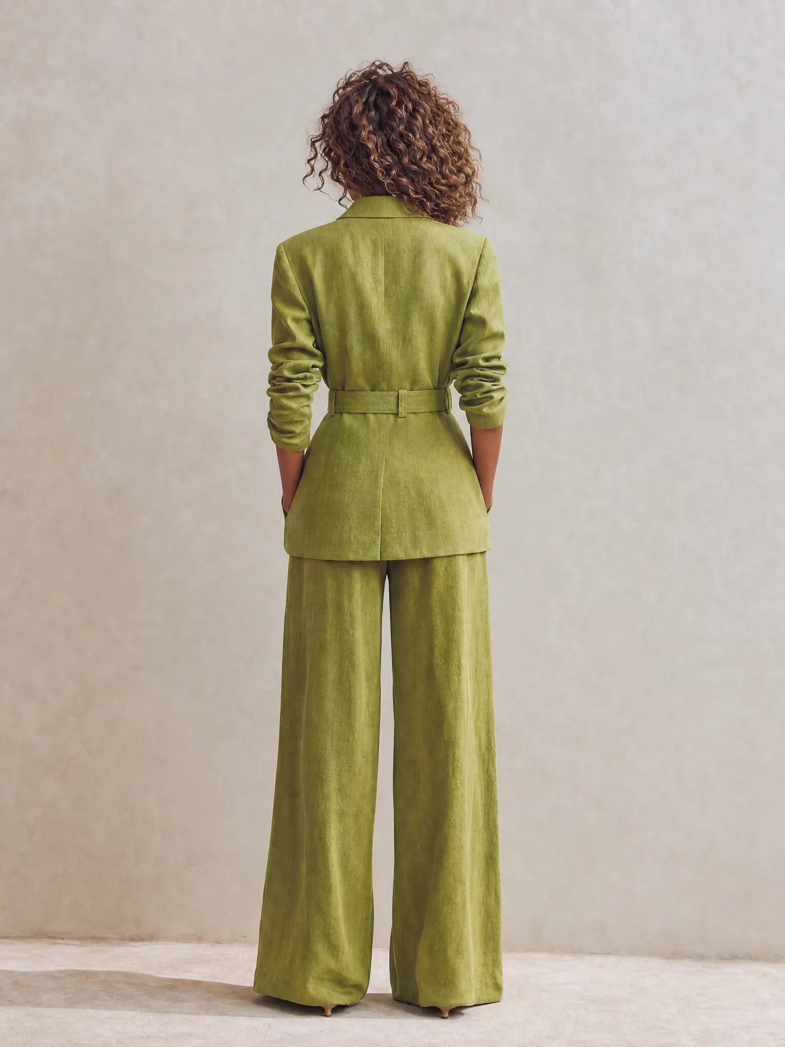 Women's Elegant Workwear Green Peak-Lapel Long-Sleeve Belted Blazer & High-Waisted Wide-Leg Pants Linen Set MDZ1605G6CMX