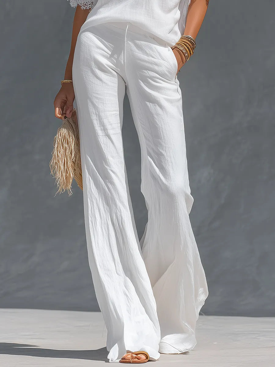 Retro V-neck Cotton And Linen Short-sleeved T-shirt And Wide-leg Pants Set