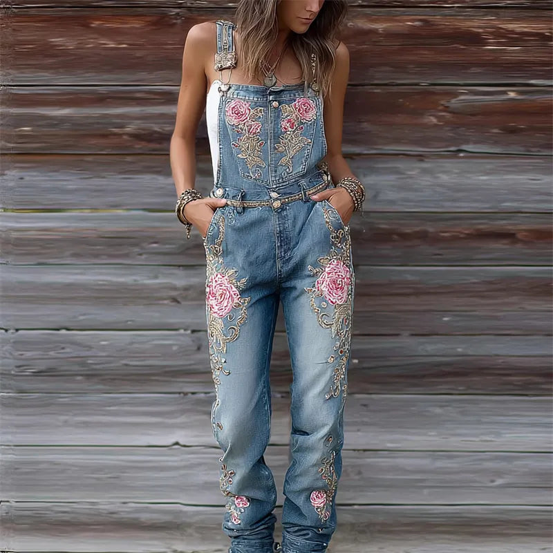 Boho Pink Roses Embroidered Washed Denim Overall Jumpsuit