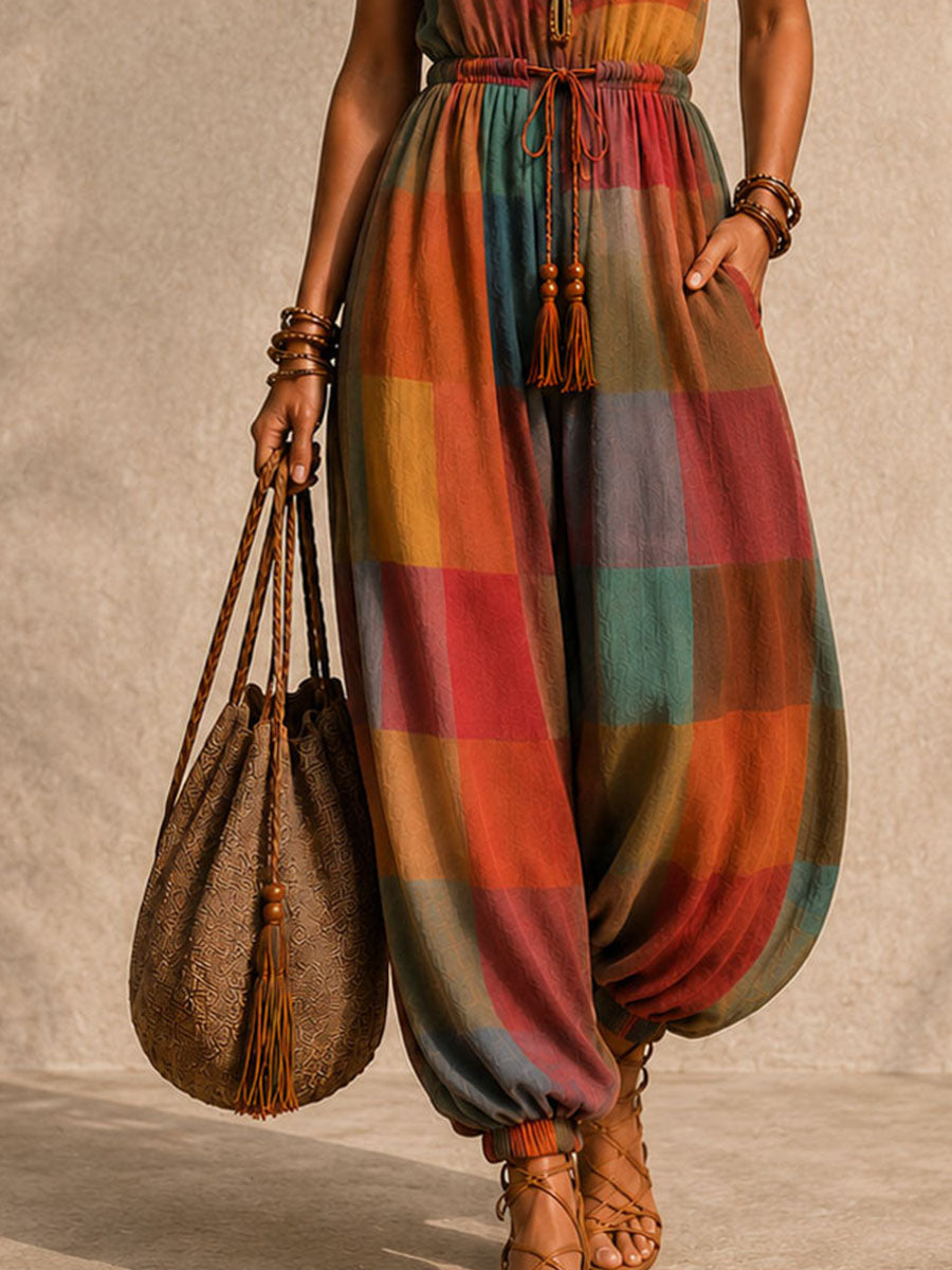 Bohemian Color-Block Print Halter Patchwork Jumpsuit