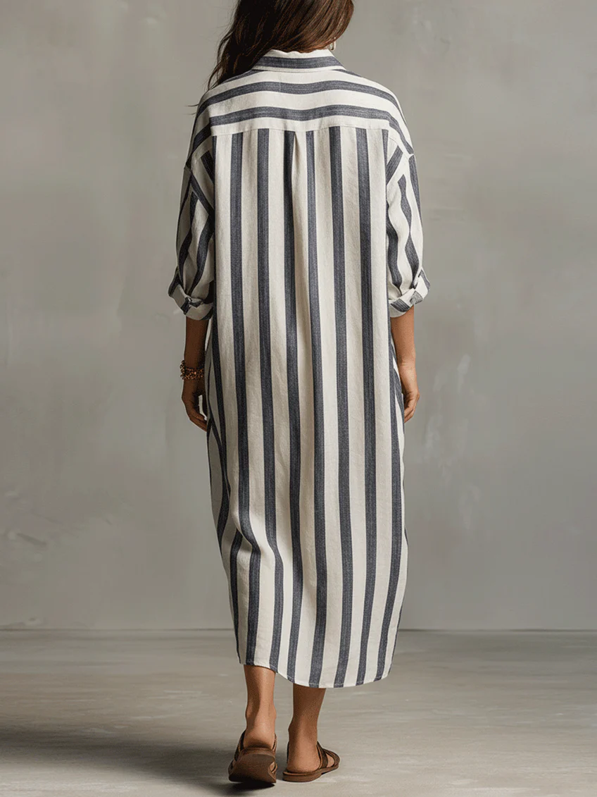 Off-white Casual Striped Shirt Bohemian Style Maxi Dress