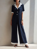 Women's Minimalist Navy & White Color-Block Lapel Short-Sleeve Wide-Leg Jumpsuit With Elastic Waist MDZ0697G5ZRK