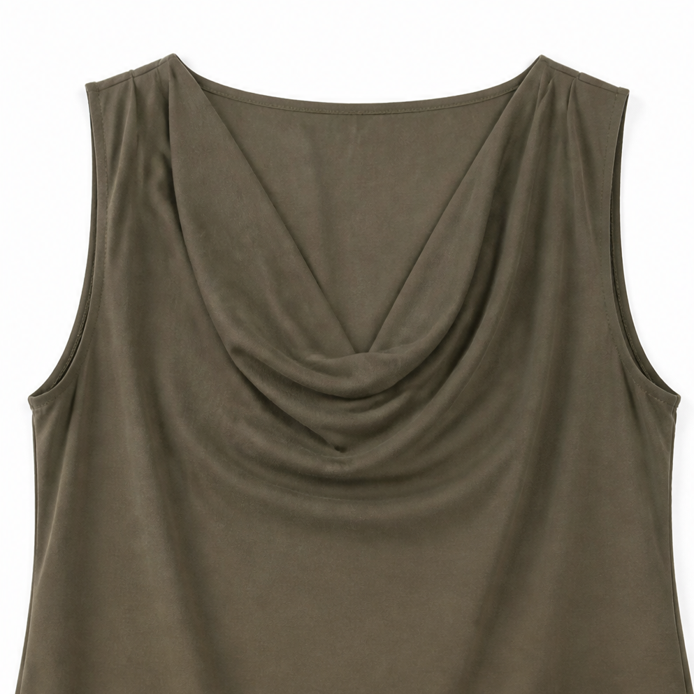 Solvea – Cowl Neck Shift Dress, Sleeveless Mini with Side Pockets