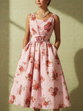 Midi Linen Dress, Sleeveless, Square Neck, Floral, 3D Floral, Vintage, Pink
