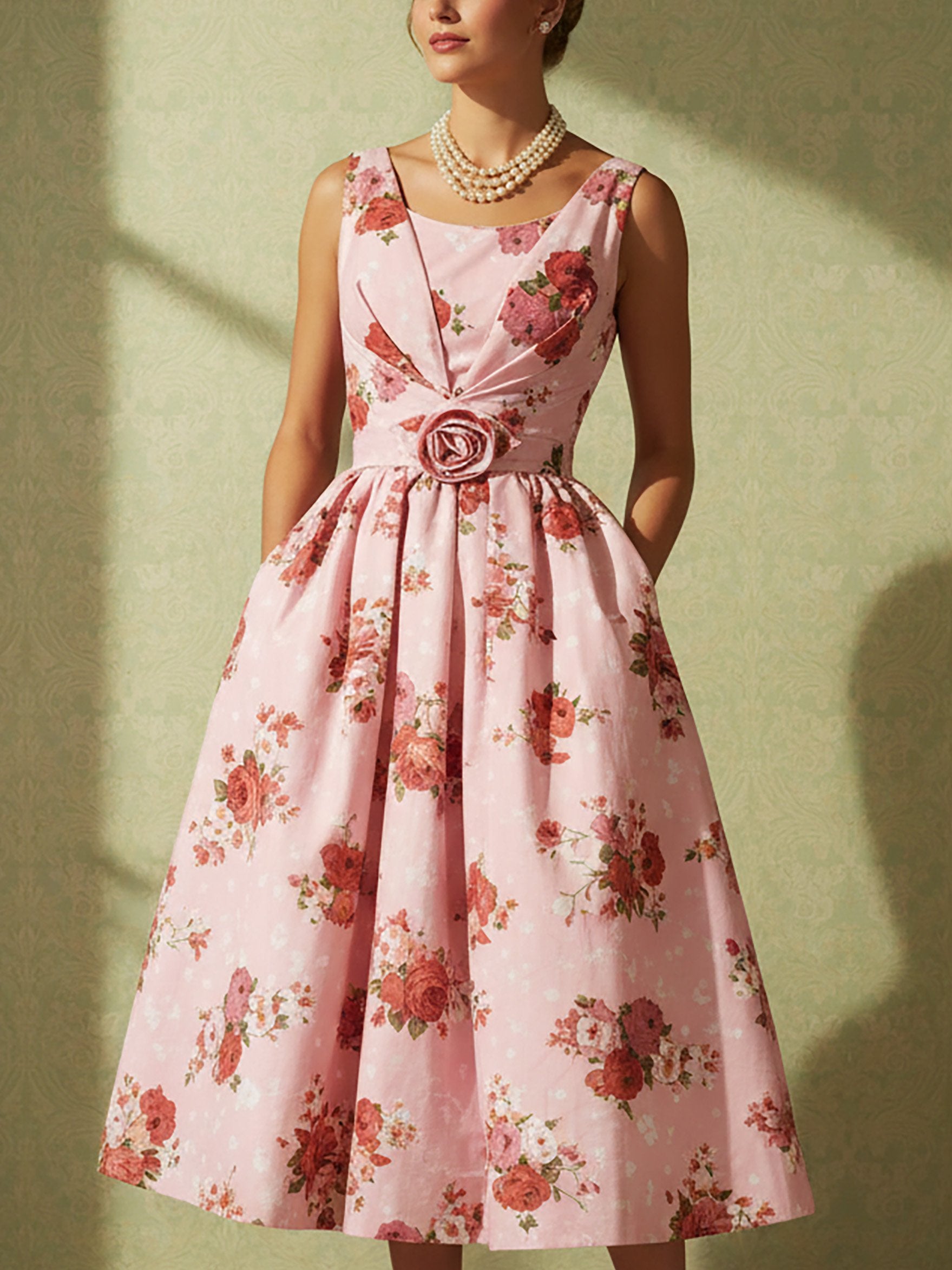 Midi Linen Dress, Sleeveless, Square Neck, Floral, 3D Floral, Vintage, Pink