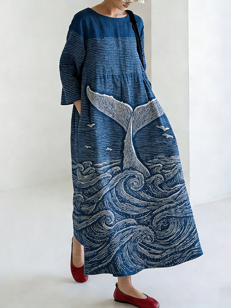 Women's Japanese Art Ocean Pattern Linen Dress