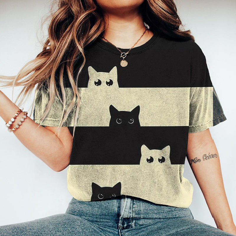 Abstract Creative Big Eyed Cats Contrast Color Art Print Cotton Graphic T-shirt