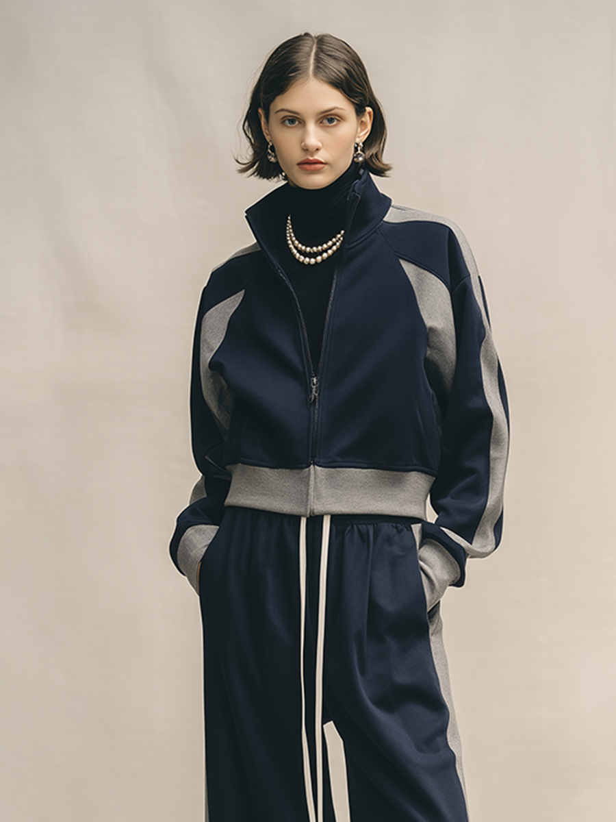 Women's Two-Tone Soft Cotton-Blend Co-Ord With Color Block Stand Collar Jacket & Side Pocket Loose Palazzo Trousers, Minimalist Athleisure Daily Two-Piece Set (Inner layer not included) MDZ1308G5LYL
