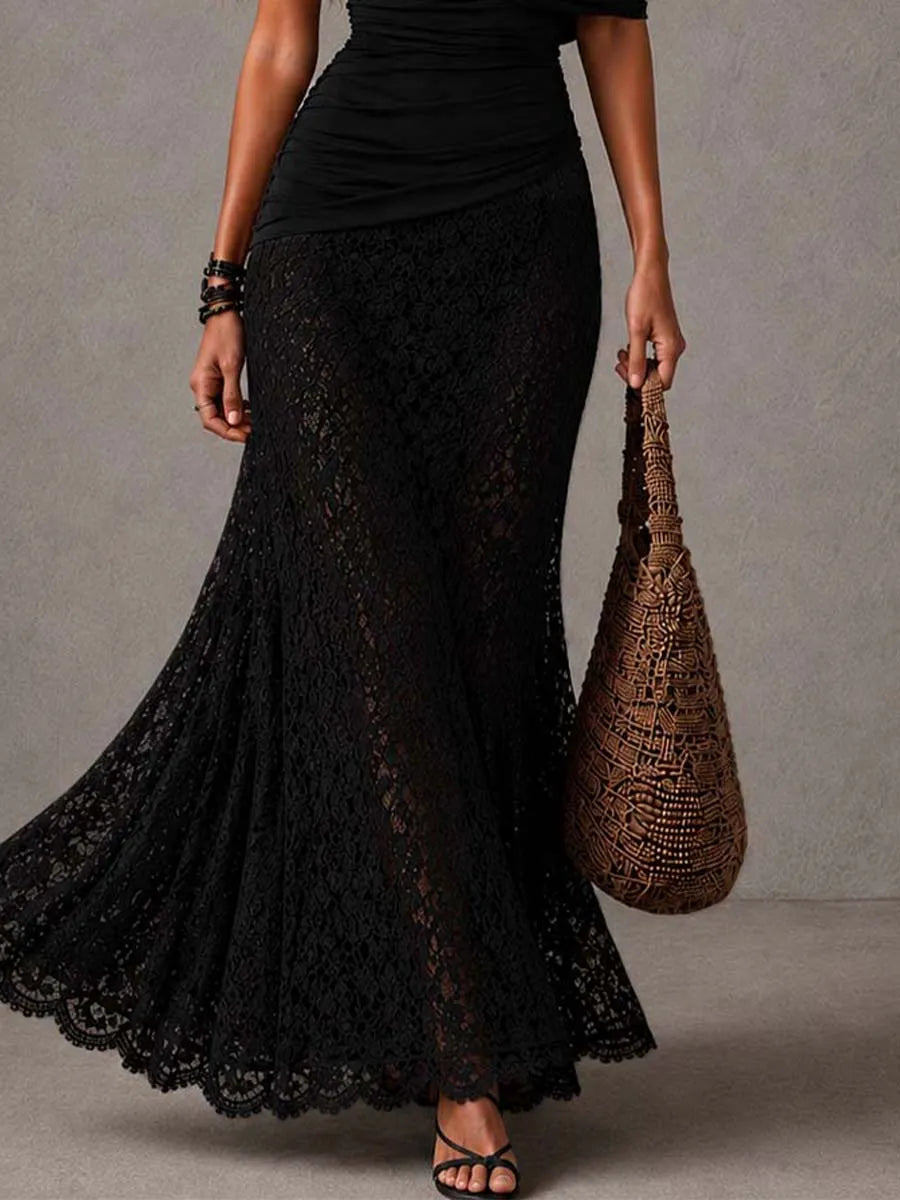 Vintage Black Asymmetrical Ruched Top Lace Mermaid Maxi Dress