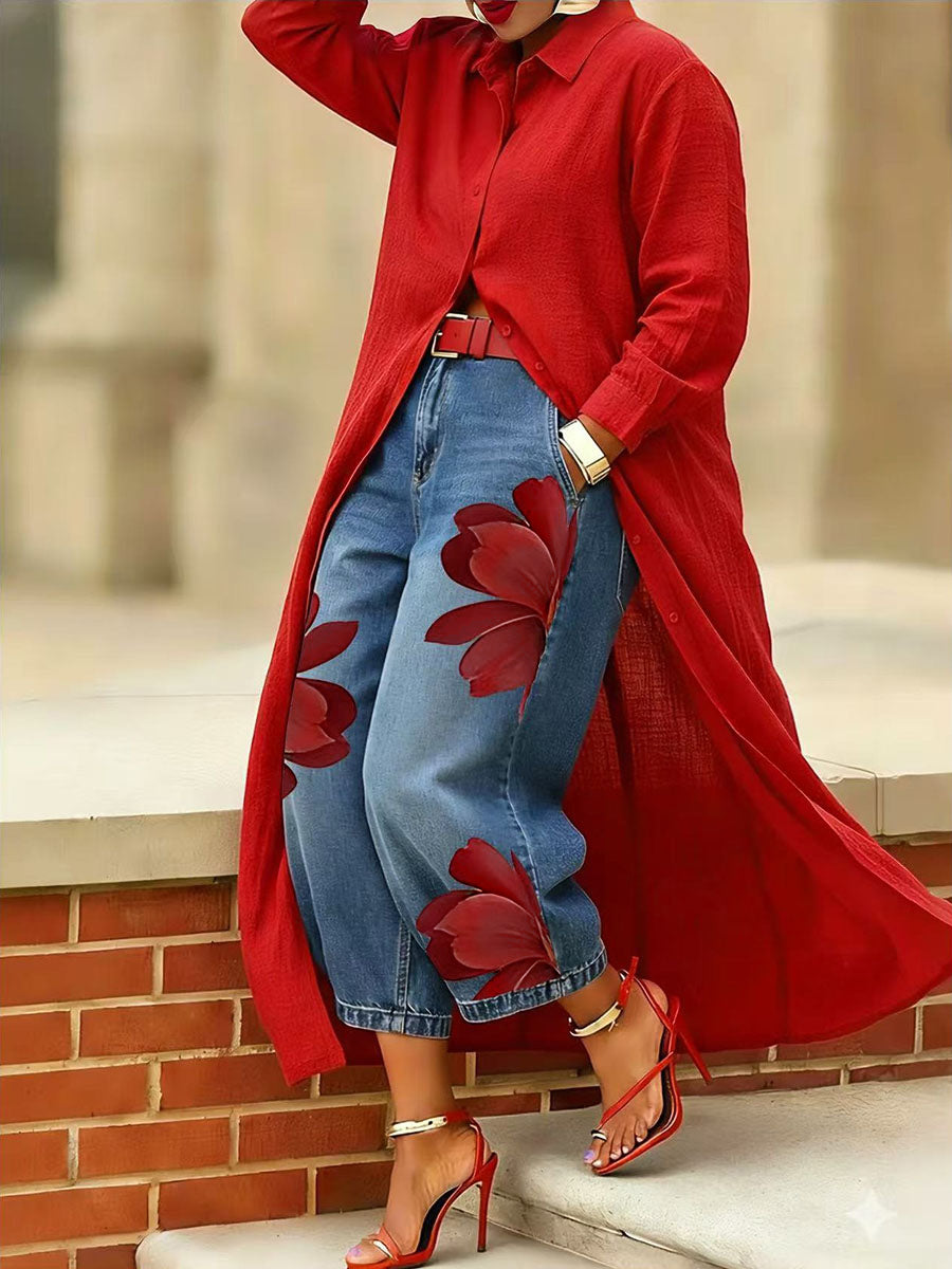 Loose Wide Leg Flower Print No Belt Pockets Jean Pants Bottoms Ninth Pants