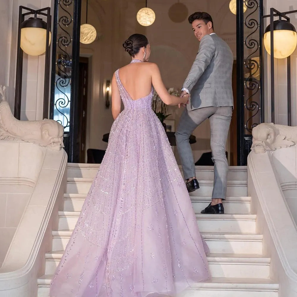 DreamyVow  Luxury Beaded Dubai Lilac Evening Dresses for Women Wedding Party 2023 Elegant Long Arabic Prom Formal Gowns 329
