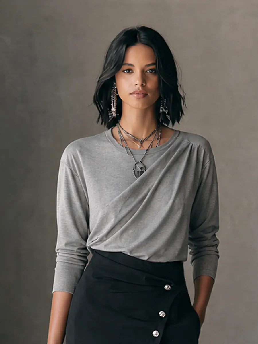 Women's Elegant Commuter Gray Black Cotton Blend Draped Top Asymmetric Button Slit Midi Skirt Set MDZ1631G6GMJ
