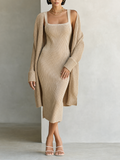 Women's Elegant Oatmeal Beige Ribbed Knit Square Neck Sleeveless Midi Dress And Longline Cardigan Two-Piece SetMDZ2136G1ZSQ