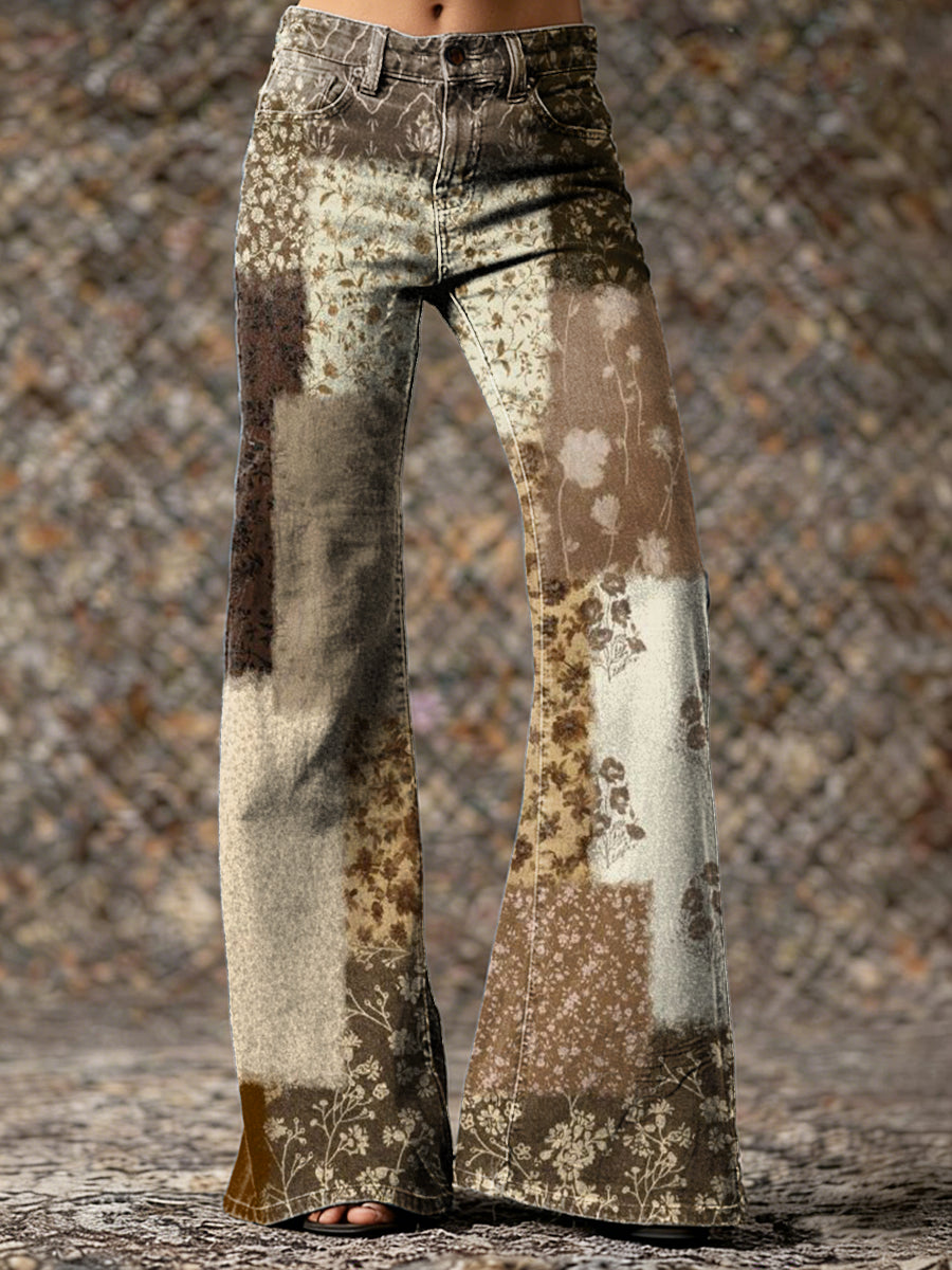 Women's Vintage Ethnic Collage Floral Hippie Art Prints Casual  Flared Pants