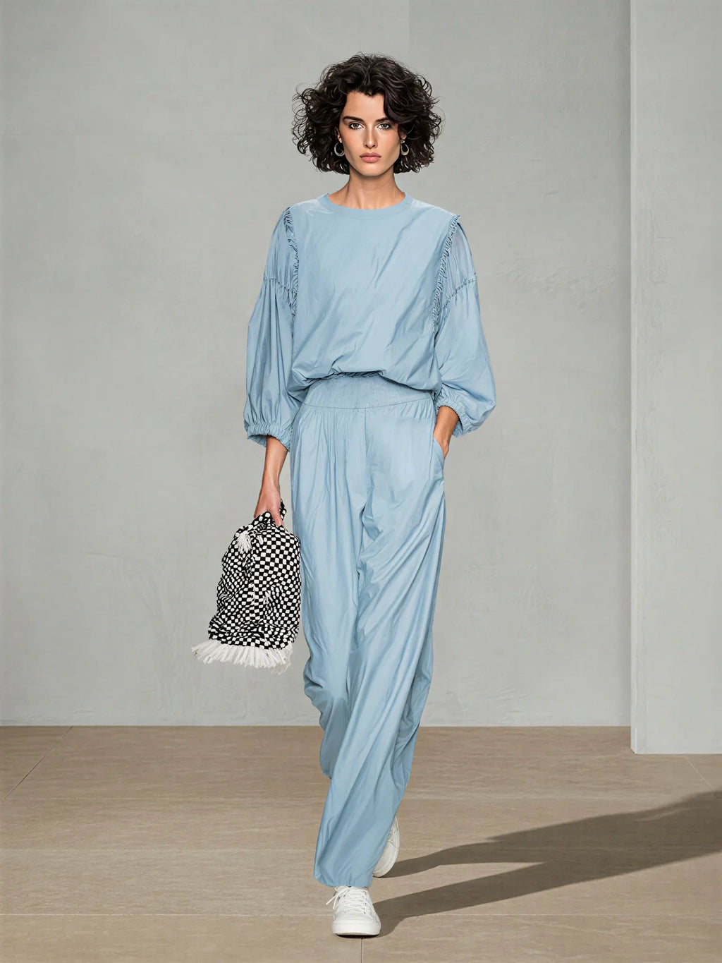 Women's Pale Blue Breathable Poly Cotton Co-Ord With Elastic Cuff Puff Sleeve Top & Side Pocket Loose Straight Trousers, Modern Effortless-Chic Daily Casual Two-Piece Set MDZ0217G3LYL