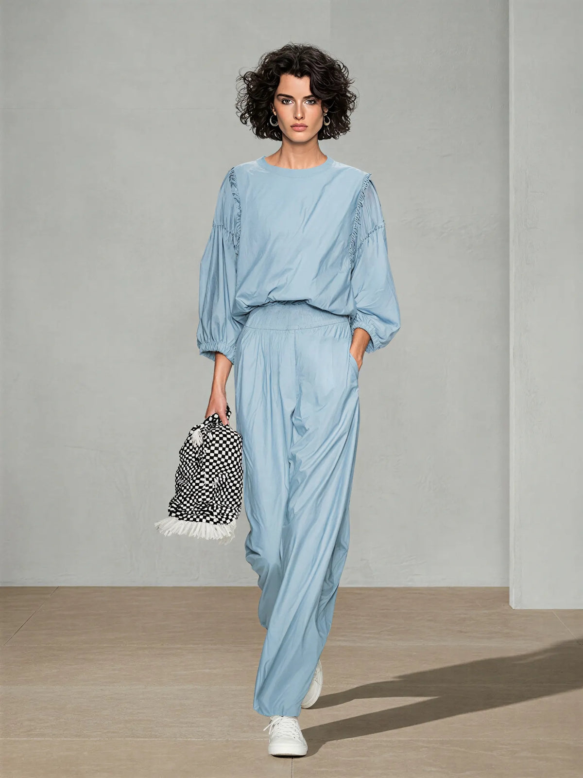 Women's Pale Blue Breathable Poly Cotton Co-Ord With Elastic Cuff Puff Sleeve Top & Side Pocket Loose Straight Trousers, Modern Effortless-Chic Daily Casual Two-Piece Set MDZ0217G3LYL