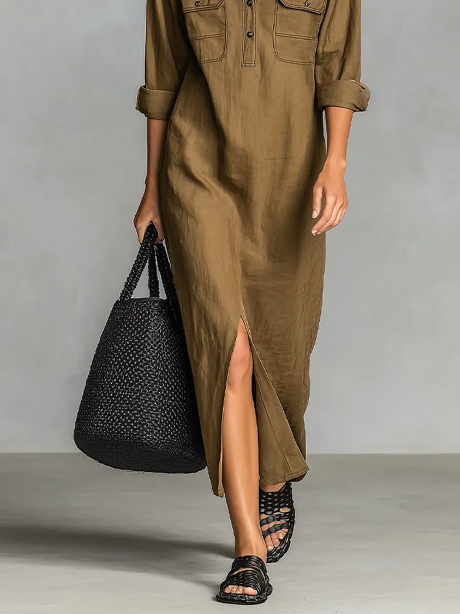 Women's Brown Cotton Blend Shirt Maxi Dress With Dual Chest Patch Pockets & Front Thigh Slit, Casual Utility Resort Loose Shirt Maxi Dress MDZ0943G1LYL