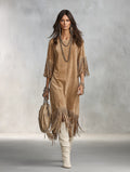Vintage Faux Suede Oversized Sand Fringe Shift Midi Dress