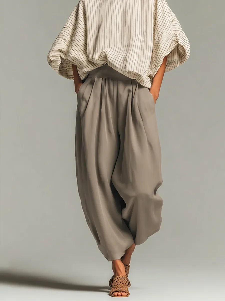 Women's Beige Pinstripe Woven Co-Ord With Loose Boat Neck Bubble Sleeve Top & High Waist Baggy Gray Side Pocket Trousers, Modern Effortless-Chic Daily Two-Piece Set MDZ0187G8LYL