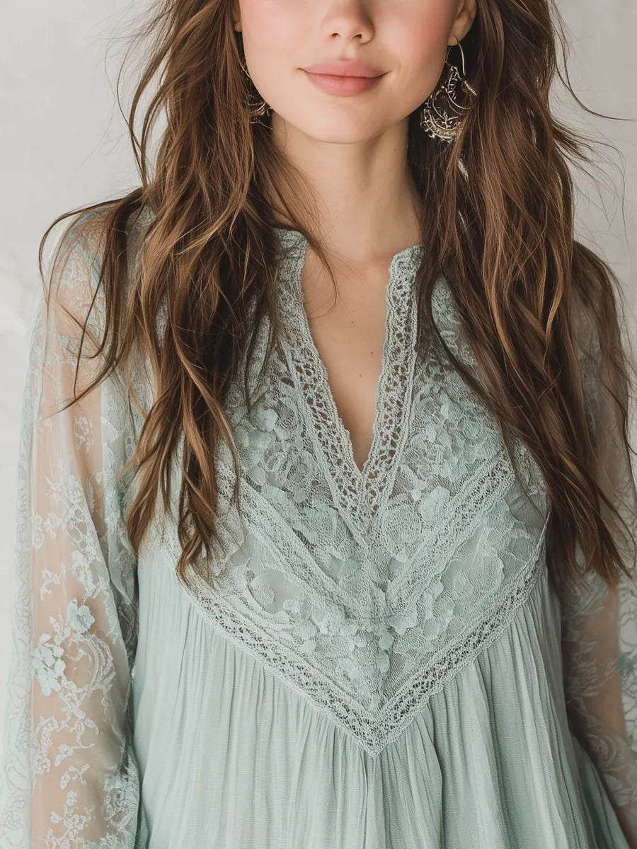 Bohemian Sage Lace V-Neck Blouse