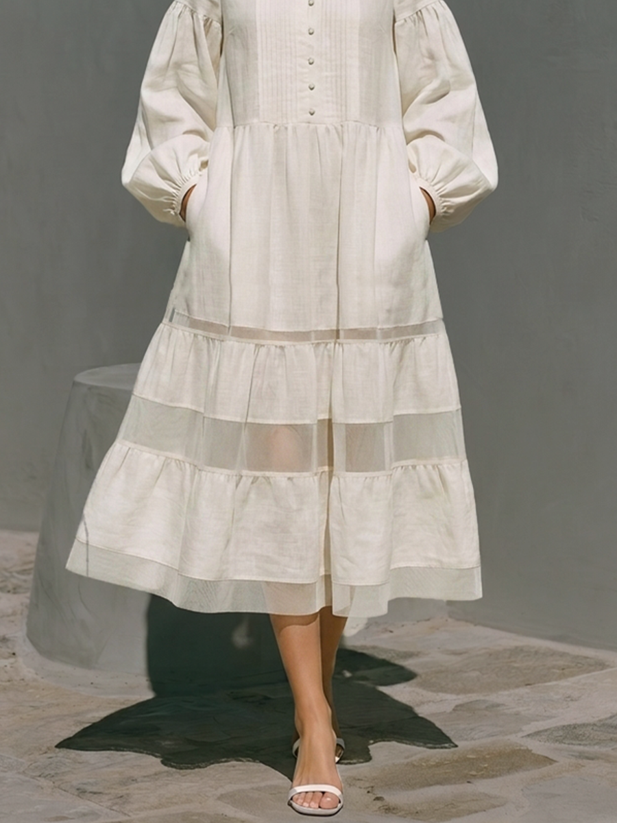 Women's Off White Cotton Blend Midi Dress With Mandarin Collar Half Button Placket & Sheer Tiered Skirt, Boho Casual Lantern Sleeve Midi Dress MDZ2448G9LYL