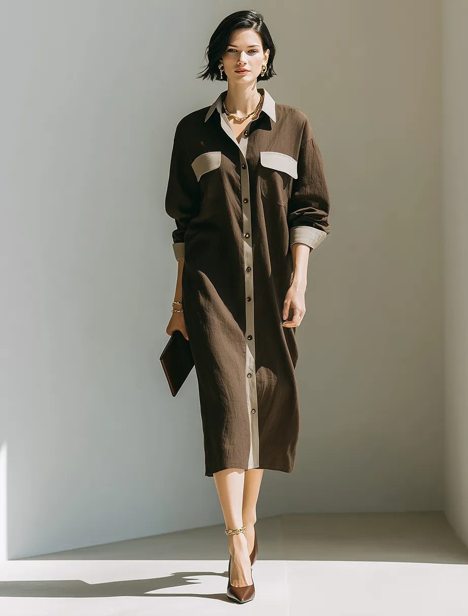Women's Minimalist Solid Brown & Contrast-Color Linen Midi Shirt Dress MDZ0793G7ZRK