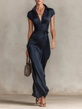 Satin Button Lapel Short Sleeve Waist Length Dress