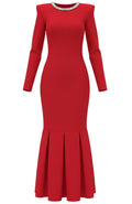 Long Sleeve Crystal Neck Fluted Midi Dress Red