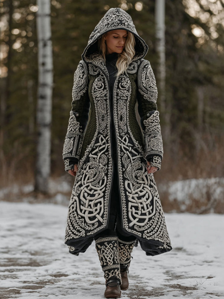 Women's Celtic Knot Jacquard Art Hooded Knit Cozy Cardigan