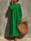 Women's Green Linen Maxi Dress With Crew Neck Puff Long Sleeves & Side Gathered Panel, Minimalist Boho Vacation Loose Maxi Dress MDZ0648G4LYL